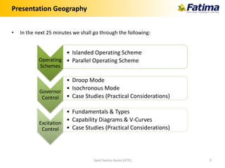 Presentation Geography
• In the next 25 minutes we shall go through the following:
Operating
Schemes
• Islanded Operating Scheme
• Parallel Operating Scheme
Governor
Control
• Droop Mode
• Isochronous Mode
• Case Studies (Practical Considerations)
Excitation
Control
• Fundamentals & Types
• Capability Diagrams & V-Curves
• Case Studies (Practical Considerations)
Syed Hamza Kazmi (GTE) 5
 