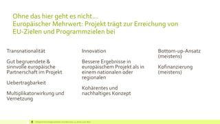 5
Innovation
Bessere Ergebnisse in
europäischem Projekt als in
einem nationalen oder
regionalen
Kohärentes und
nachhaltiges Konzept
Transnationalität
Gut begruendete &
sinnvolle europäische
Partnerschaft im Projekt
Uebertragbarkeit
Multiplikatorwirkung und
Vernetzung
Bottom-up-Ansatz
(meistens)
Kofinanzierung
(meistens)
Ohne das hier geht es nicht…
Europäischer Mehrwert: Projekt trägt zur Erreichung von
EU-Zielen und Programmzielen bei
Erfolgreich EU Anträge schreiben: Silva Herrmann, 25. Jänner 2016, Wien
 