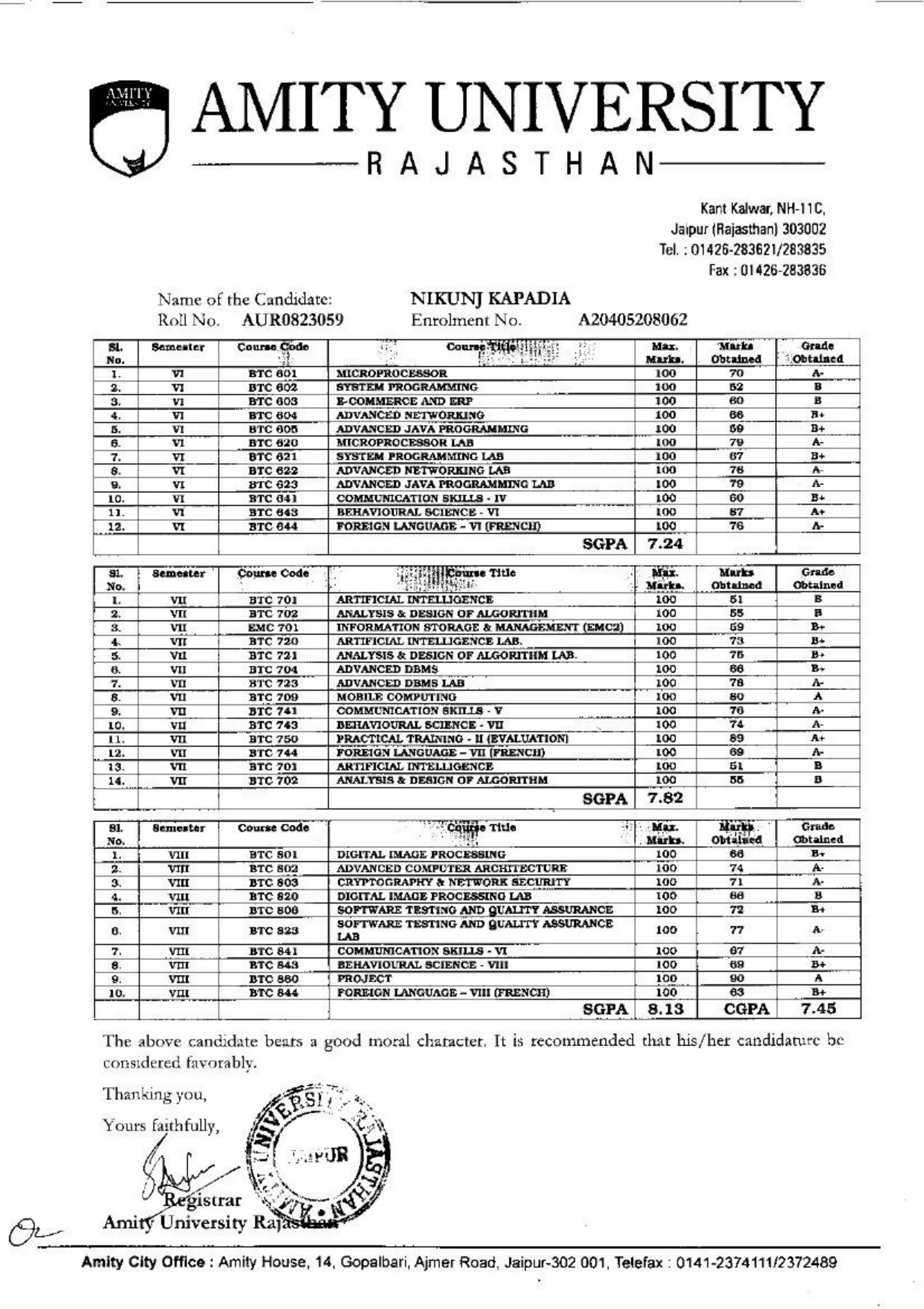 Nikunj_Amity Transcript | PDF