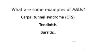 2/6/2017
3
What are some examples of MSDs?
Carpal tunnel syndrome (CTS)
Tendinitis
Bursitis(2)
 
