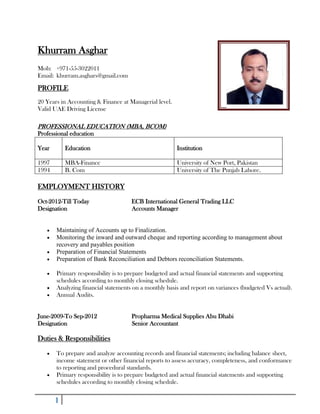 1
Khurram Asghar
Mob: +971-55-3022011
Email: khurram.asghars@gmail.com
PROFILE
20 Years in Accounting & Finance at Managerial level.
Valid UAE Driving License
PROFESSIONAL EDUCATION (MBA, BCOM)
Professional education
Year Education Institution
1997 MBA-Finance University of New Port, Pakistan
1994 B. Com University of The Punjab Lahore.
EMPLOYMENT HISTORY
Oct-2012-Till Today ECB International General Trading LLC
Designation Accounts Manager
 Maintaining of Accounts up to Finalization.
 Monitoring the inward and outward cheque and reporting according to management about
recovery and payables position
 Preparation of Financial Statements
 Preparation of Bank Reconciliation and Debtors reconciliation Statements.
 Primary responsibility is to prepare budgeted and actual financial statements and supporting
schedules according to monthly closing schedule.
 Analyzing financial statements on a monthly basis and report on variances (budgeted Vs actual).
 Annual Audits.
June-2009-To Sep-2012 Propharma Medical Supplies Abu Dhabi
Designation Senior Accountant
Duties & Responsibilities
 To prepare and analyze accounting records and financial statements; including balance sheet,
income statement or other financial reports to assess accuracy, completeness, and conformance
to reporting and procedural standards.
 Primary responsibility is to prepare budgeted and actual financial statements and supporting
schedules according to monthly closing schedule.
 