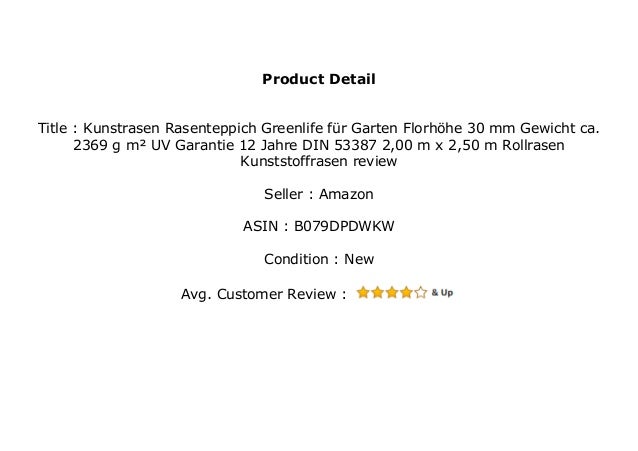 Gewicht ca 2369 g//m/² Kunstrasen Rasenteppich Greenlife f/ür Garten Florh/öhe 30 mm UV-Garantie 12 Jahre Rollrasen DIN 53387 Kunststoffrasen - 4,00 m x 5,00 m