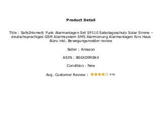 Safe2home Funk Alarmanlagen Set Sp110 Sabotageschutz Solar