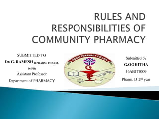 Submitted by
G.OOHITHA
16AB1T0009
Pharm. D 2nd year
SUBMITTED TO
Dr. G. RAMESH B.PHARM, PHARM.
D (P.B)
Assistant Professor
Department of PHARMACY
 
