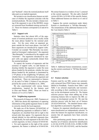and “husband”, where the nominal predicate itself
takes part as an implied argument.
We include in our classiﬁcation features an indi-
cator of whether the argument coincides with the
nominal predicate. We also include a feature test-
ing if the argument is one of the DEFREL nouns
we extracted from NomBank training sections 02-
21. These two features correspond to a3 and a4 in
Table 3.
4.2.3 Support verb
Statistics show that almost 60% of the argu-
ments of nominal predicates occur locally inside
the noun phrase headed by the nominal pred-
icate. For the cases where an argument ap-
pears outside the local noun phrase, over half of
these arguments are introduced by support verbs.
Consider our example “Ben Bernanke was nomi-
nated as Greenspan’s replacement.”, the argument
“Ben Bernanke” is introduced by the support verb
“nominate”. The arguments introduced by sup-
port verbs can appear syntactically distant from
the nominal predicate.
To capture the location of arguments and the
existence of support verbs, we add features in-
dicating whether the argument is under the noun
phrase headed by the predicate, whether the noun
phrase headed by the predicate is dominated by
a VP phrase or has neighboring VP phrases, and
whether there is a verb between the argument and
the predicate. These are represented as features
a5, a6, and a7 in Table 3. Feature a7 was also pro-
posed by the system in (Pradhan et al., 2004).
We also experimented with various feature
combinations, inspired by the features used
in (Xue and Palmer, 2004). These are listed as
features a11 to a16 in Table 3.
4.2.4 Neighboring arguments
The research of (Jiang et al., 2005; Toutanova et
al., 2005) has shown the importance of capturing
information of the global argument frame in order
to correctly classify the local argument.
We make use of the features {b3,b4,b5,b6} of
the neighboring arguments as deﬁned in Table 1.
Arguments are classiﬁed from left to right in the
textual order they appear. For arguments that are
already labeled, we also add their argument class
r. Speciﬁcally, for each argument to the left of the
current argument, we have a feature b3-b4-b5-b6-
r. For each argument to the right of the current
argument, the feature is deﬁned as b3-b4-b5-b6.
We extract features in a window of size 7, centered
at the current argument. We also add a backoff
version (b3-b6-r or b3-b6) of this speciﬁc feature.
These additional features are shown as n1 and n2
in Table 3.
Suppose the current constituent under identi-
ﬁcation or classiﬁcation is “NP-Ben Bernanke”.
The instantiations of the additional features in Ta-
ble 3 are listed in Table 4.
Additional Features based on NomBank
a1 replacement
a2 VERB-NOM
a3 no
a4 no
a5 no
a6 yes
a7 yes
Additional Combined Features
a11 replacement  VERB-NOM
a12 replacement  no
a13 replacement  no
a14 no  no
a15 replacement  yes
a16 replacement  yes
Additional Features of Neighboring Arguments
n1 NP-Greenspan-NP↑NP↓NN-left
n2 NP-left
Table 4: Additional feature instantiations, assum-
ing the current constituent is “NP-Ben Bernanke”
in Figure 1.
4.3 Feature selection
Features used by our SRL system are automati-
cally extracted from PTB II parse trees manually
labeled in NomBank. Features from Table 1 and
Table 3 are selected empirically and incremen-
tally according to their contribution to test accu-
racy on the development section 24. The feature
selection process stops when adding any of the
remaining features fails to improve the SRL ac-
curacy on development section 24. We start the
selection process with the basic set of features
{b1,b2,b3,b4,b5,b6}. The detailed feature selec-
tion algorithm is presented in Algorithm 2.
Features for argument identiﬁcation and argu-
ment classiﬁcation are independently selected. To
select the features for argument classiﬁcation, we
assume that all arguments have been correctly
identiﬁed.
After performing greedy feature selection, the
baseline set of features selected for identiﬁcation
is {b1-b6, b11FW, b11LW, b12L, b13RH, b13RP,
b14, b15H, b18, b20, b32-b34}, and the baseline
142
 