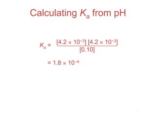 Calculating Ka from pH

       [4.2 × 10−3] [4.2 × 10−3]
  Ka =
                [0.10]

     = 1.8 × 10−4




                                   Acids
                                    and
                                   Bases
 