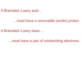 A Brønsted–Lowry acid…

      …must have a removable (acidic) proton.

A Brønsted–Lowry base…

    …must have a pair of nonbonding electrons.


                                          Acids
                                           and
                                          Bases
 