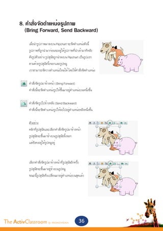 8. คำ�สั่งจัดตำ�แหน่งรูปภาพ
         (Bring Forward, Send Backward)
       	    เมื่อนำ�รูปภาพมาลงบน Flipchart จะจัดตำ�แหน่งดังนี้
       	    รูปภาพที่ถูกนำ�มาก่อนจะอยู่ใต้รูปภาพที่นำ�เข้ามาทีหลัง
       	    ดังรูปตัวอย่าง รูปสุนัขถูกนำ�ลงบน Flipchart เป็นรูปแรก
       	    ตามด้วยรูปสุนัขจิ้งจอกและรูปหมู
       	    เราสามารถจัดวางตำ�แหน่งใหม่ได้ โดยใช้คำ�สั่งจัดตำ�แหน่ง


       	    คำ�สั่งจัดรูปมาข้างหน้า (Bring Forward)
       	    คำ�สั่งนี้จะจัดตำ�แหน่งรูปให้ขึ้นมาอยู่ตำ�แหน่งบนหนึ่งขั้น		
       	
       	    คำ�สั่งจัดรูปไปข้างหลัง (Send Backward)
       	    คำ�สั่งนี้จะจัดตำ�แหน่งรูปให้ลงไปอยู่ตำ�แหน่งหลังหนึ่งขั้น
       	
       	    ตัวอย่าง
       	    คลิกที่รูปสุนัขและเลือกคำ�สั่งจัดรูปมาข้างหน้า
       	    รูปสุนัขจะขึ้นมาข้างบนรูปสุนัขจิ้งจอก
       	    แต่ยังคงอยู่ใต้รูปหมูอยู่


       	
       	    เลือกคำ�สั่งจัดรูปมาข้างหน้าที่รูปสุนัขอีกครั้ง
       	    รูปสุนัขจะขึ้นมาอยู่ข้างบนรูปหมู
       	    ขณะนี้รูปสุนัขจึงเปลี่ยนมาอยู่ตำ�แหน่งบนสุดแล้ว




The ActivClassroom by PROMETHEAN                         36
 