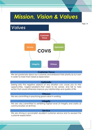 4
Page | 4
Customer Focus
We are passionate about our customer and embrace their priority as our own
in order to meet their needs & expectation
Optimistic
Seeing only the negative aspects of any situation can cause you to miss
opportunities, neglect problems that need to be solved, and fail to take
action that would otherwise improve your relationships and quality of life
Virtuous
We are committing in practicing good value in working
Integrity
We are very committed to exhibiting highest level of integrity and clarity of
communication at all times.
Service
We are striving in accomplish excellent customer service and to exceed the
customer expectation.
COVIS
Mission, Vision & Values
Values
Customer
Focus
Optimistic
VirtousIntegrity
Service
 