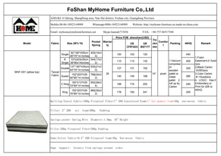 FoShan MyHome Furniture Co,.Ltd
ADD:Rd 1# Qiteng, ShangDong area, Nan Hai district, Foshan city, Guangdong Province
Moblie:00-86-18923144909 Whatsapp:0086-18923144909 Website: http://myhome-furniture.en.made-in-china.com
Email: myhome@myhomefurniture.net Skype:hannah715456 FAX：+86-757-86517540
Model Fabric Size (W*L*H)
Pocket
Spring
Warran
ty
Price FOB shenzhen(USD)
Thi
ckn
ess
Comfor
t
Packing 40HQ RemarkUS
CFR1633
UK
BS7177
MHF-H01 (pillow top) Tencel
Fabric
Single
92*190*H35cm
36*75*14 Inches
420(14x3
0)
20
100 103 120
14" plush
1.Vaccum
comprese
d+
wooden
pallet or
metal
pallet 2.
roll up by
Carton
440
1.Foam
Easement:2~3usd
/pcs
2.Blank Carton
:3USD/pcs
3.Color Carton
:8~10usd/pcs
4. LOGO : free if
Emboridery or
Print for 20ft or
40HQ
K
Single
107x203x35cm
39*80x14inches
544(17x3
2)
110 113 132 400
Double
137*190*H35cm
54*75*14 Inches
630(21x3
0)
127 131 152 320
Queen
152*203*H35
60*80*14 Inches
768(24x3
2)
140 145 168 280
C King
183*213*H35
72*84*14 Inches
952(28x3
4)
168 174 202 240
King
193*203*H35
76*80*14 Inches
960(30x3
2)
178 183 241 200
Quilting:Tencel Fabric+200g Fireproof Fibre+1" 20D Convoluted Foam+1" Gel memory foam+30g non-woven fabric
Filler: 2" 20D  air foam+200g  Padding
Springs:pocket Spring,Wire Diameter:1.8mm, 10" Height
Filler:200g Fireproof Fibre+200g Padding   
Down:Velvet Fabric+0.4" 20D Fireproof foam+30g Non-woven Fabric
Edge Support: 2counts firm springs around sides
 