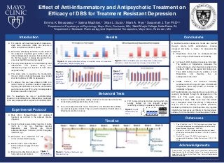 Effect of Anti-Inflammatory and Antipsychotic Treatment on
Efficacy of DBS for Treatment Resistant Depression
© 2014 Mayo Foundation for Medical Education and Research
Emma K. Brousseau,1,2 Saima Machlovi,1 Shari L. Sutor,1 Mark A. Frye,1 Susannah J. Tye PhD1,3
1Department of Psychiatry and Psychology, Mayo Clinic, Rochester, MN; 2Saint Mary’s College, Notre Dame, IN;
3Department of Molecular Pharmacology and Experimental Therapeutics, Mayo Clinic, Rochester, MN
A special thank you to the Mayo Clinic Translational Neuroscience
Laboratory and the Mayo Graduate School. This research project was
completed in fulfillment of the Mayo Clinic Summer Undergraduate
Research Fellowship.
Acknowledgements
Conclusions
1. Perez-Caballero L, et al. (2014) Early responses to deep brain
stimulation in depression are modulated by anti-inflammatory
drugs. Molecular Psychiatry, 19: 607-614.
2. Hamani C, et al. (2010) Antidepressant-like effects of medial
prefrontal cortex deep brain stimulation in rats. Biol. Psychiatry,
67: 117-124.
3. Nestler EJ & Hyman SE. (2010) Animal models of
neuropsychiatric disorders. Nature Neuroscience, 13(10): 1161-
1169.
References
Introduction Results
● Male albino Sprague-Dawley rats underwent
treatment as outlined in the adjacent timeline
(Figure 3).
● Control animals received daily injections of saline
(0.9% in 1 mL; i.p.). Treatment resistant
depression was induced via chronic
adrenocorticotropic hormone (ACTH;100µg/day)
injections (i.p.).
● Electrodes were implanted into the infralimic
cortex via stereotactic surgery,
● Behavior tests were completed
before and after surgery as shown
in Figure 3.
● Brain and cardiac blood collected
from each rat post-mortem.
Behavioral Tests
Figure 1.
Ventromedial
prefrontal cortex
Figure 3. Timeline of treatments and
behavioral testing
Experimental Protocol
Timeline
● Known for it’s strong predictive validity, the Porsolt Forced Swim Test (FST) is a black box method
for identifying antidepressant-like effects in rats.3
● FST involves short-term stress during which the
acutely treated rat can respond actively
(swimming, climbing) or passively (immobility).3
Figure 2. Porsolt
Forced Swim Test
set-up
● For patients with treatment-resistant depression,
deep brain stimulation (DBS) has become a
viable and effective treatment option.1
● Electrodes stimulating Brodmann areas 24/25 in
the subgenual cingulated gyrus (SCG) create an
initial antidepressant response that declines after
the first few weeks.1 A steady improvement then
occurs as the DBS treatment proceeds.1
● The early effect appears to be modulated by local
inflammation and patients taking anti-
inflammatory drugs are reported to have lower
response rates.1
● This study aims to elucidate the mechanisms
through which pharmacotherapies may impact
short term efficacy of DBS for depression.
● To achieve this, we have utilized a DBS in a
rodent model of treatment resistant depression,
targeting the infralimbic cortex in the ventromedial
prefrontal cortex (vmPFC), which corresponds to
Brodmann area 25 in the SCG.2
Aim: To investigate the role of anti-inflammatory
(Ibuprofen) and antipsychotic (Risperidone) treatments
in the early antidepressant response of infralimbic DBS.
Figure 6.
Open field
test results
for all
treatments
pre- and
post-surgery
Figure 4. Risperidone treatment efficacy in immobility scores of Forced Swim
Test pre-(blue) and post-surgery (red).
Figure 5. DBS and SHAM responses to Risperidone and Ibuprofen
treatments in immobility scores of post-surgery Forced Swim Test
A treatment-resistant depression model was created
through chronic ACTH administration, showing
increased immobility, a marker for depression-like
symptoms.
● Risperidone alone has an antidepressant-like
effect in Figure 4 with decreased immobility.
● In Figure 5, DBS treatment decreases immobility.
The addition of Risperidone decreases this
efficacy. However, when Ibuprofen is added to the
treatment, DBS has decreased immobility again.
Thus, DBS treatment with the addition of both
Risperidone and Ibuprofen has an
antidepressant-like effect.
● SHAM, however, has increased immobility
combined with both drugs in Figure 5. SHAM with
Risperidone alone also shows an increase in
immobility in Figure 4.
ACTH administration may be affecting a neural-immune
reactivity mechanism through its dysregulation of the
HPA axis. This would cause hyperactivity of
inflammatory markers. DBS, much more than SHAM,
has a therapeutic effect. The efficacy of Risperidone
may be due to its altering of cytokine production,
decreasing inflammation. And Ibuprofen may regulate
inflammatory markers as an inhibitor of the downstream
pathway. Such mechanisms should be explored further.
Figure 7.
Elevated maze
test results for
all treatments
pre- and post-
surgery
● The other behavioral tests, Open Field (OFT) and Elevated Maze (EMZ),
are used as negative controls. They are used to determine if treatments are
affecting locomotion or anxiety.
 