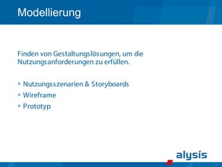 27
Modellierung
Finden von Gestaltungslösungen, um die
Nutzungsanforderungen zu erfüllen.
 Nutzungsszenarien & Storyboards
 Wireframe
 Prototyp
 