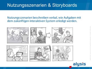 28
Nutzungsszenarien & Storyboards
Nutzungsszenarien beschreiben verbal, wie Aufgaben mit
dem zukünftigen interaktiven System erledigt werden.
Quelle:
http://www.vormwerk.nl/portfolio/storyboards-
2/#modal=243&menu=
 
