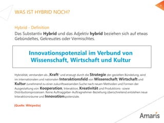 9
WAS IST HYBRID NOCH?
Hybrid - Definition
Das Substantiv Hybrid und das Adjektiv hybrid beziehen sich auf etwas
Gebündeltes, Gekreuztes oder Vermischtes.
(Quelle: Wikipedia)
Hybridität, verstanden als „Kraft“ und erzeugt durch die Strategie der gezielten Bündelung, wird
im internationalen und nationalen Interaktionsfeld von Wissenschaft, Wirtschaft und
Kultur zunehmend zu einer zukunftsweisenden Suche nach neuen Methoden und Formen der
Ausgestaltung von Kooperation, Interaktion, Kreativität und Produktions- sowie
Distributionsprozessen. Reine Auftraggeber-Auftragnehmer-Beziehung überschreitend entstehen neue
Interaktionsräume und Innovationspotenziale.
Innovationspotenzial im Verbund von
Wissenschaft, Wirtschaft und Kultur
 