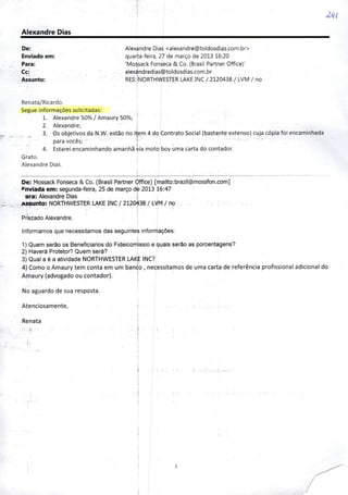 Alexandre Dias
De:
Enviado em:
Para:
Cc:
Assunto:
Alexandre Dias <alexandre@toldosdias.com.br>
quarta-feira, 27 de março de 2013 16:20
'Mossack Fonseca & Co. (Brasil Partner Offíce)'
alexándredias(ã)toldosdias.com.br
RES::N0RTHWESTER LAKE INC / 2120438 / LVM / no
Renata/Ricardo.
Segue informações solicitadas:
1. Alexandre 50% / Amaurv 50%; '
2. Alexandre;
3. Os objetivos da N.W. estão no i^em 4do Contrato Social (bastante extenso) cuja cópia foi encaminhada
para vocês; |
4. Estarei encaminhando amanhã via moto boy uma carta do contador.
Grato.
Alexandre Dias.
De: Mossack Fonseca 8iCo. (Brasil Partner (DfFice) [mailto:brazll@mossfon.com]
Enviada em: segunda-feira, 25 de março de 2013 16:47
ara: Alexandre Dias |
Assunto: NORTHWESTER LAKE INC / 2120f38 / LVM / no
Prezado Alexandre,
Informamos que necessitamos das seguintes informações:
1) Quem serão os Beneficiários do Fidelcorriissio equais serão as porcentagens?
2) Haverá Protetor? Quem será? ,
3) Qual aéaatividade NORTHWESTER LAK|e INC?
4) Como o Amaurytem conta em um banco, necessitamos de uma carta de referência profissional adicional do
Amaury (advogado ou contador). '
No aguardo de sua resposta.
Atenciosamente,
Renata
i
1 •
 