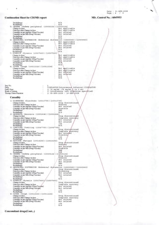 Date
Page
31-AÜG-2009
4 / 5
Contínuatíon Staeet for CIOMS report Mfr. Control No.: 6045953
Dechallenge
Rechaiienge
5) OEDEMA (Oedema peripheral
Change in dose
Outcome after Change n dose
Causality as per repórter (Diug/Vaccine)
CausaUty as per Ntfr.(Dnig/Vaccme)
Dechallenge
Rechaiienge
6) ABDOMINAL DISTBNSION
Change in dose
Outcome aAer Change in dose
Causality as per repórter (Drug/Vaccioe)
Causality asperKfe-.ÍDrug/Vaccine)
Dechallenge
Rechaiienge
7) PYREXIA (Pyrexia (10037660)) [10037660]
Charle in dose
Outcome after Change in dose
Causality as per repórter (Drug/Vacctoe)
Causality as per M&.(DTug/V'accÍDe)
Dechallenge
Rechaiienge
8) COÜGH (Cough (10011224)) [10011224]
Change in dose
Outcome after Change in dose
Causality as per repórter (Drug/Vaccine)
Causality asperh^.(Drug/Vaccme)
Dechallenge
Rechaiienge
N/A
N/A
(10030124)) [10030124]
Not applicable
Not applicable
Not related
Not related
N/A
N/A
(Abdontinal distension (10000060) > [10000060]
Not applicable
Not applicable
Not related
Seq. No.
Drug
Daily Dose
Route ofAdmia
Iheiapy Dates/Duration
Causality
1) DIARRHOEA (Diarrhoea
Change in dose
Outcome after Change in dose
Causality as per repórter (Dnig/Vaccine)
Causality as per hl&.(Drog/Vacctae)
Dechallenge
Rechaiienge
2) ANOREXIA (Anorexia
Change in dose
Outcome after Change in dose
Caisality as per repórter (Dnig/Vacctne)
Causality as per M&.(Drug^accine)
Dechallenge
Rechaiienge
related
applicable
applicable
related
related
plicable
plicable
reUated
reiated
(10012735)) [10012735]
Drug discontlnue'
Onknovn
Not related
Possible
DNK
N/A
(10002646)) [10002646]
Drug discontinuyéd
Conçlete recovcry
Not related
Not related
+ve
N/A
CISPLATINdntravenoué. infusion) (CISfLATIN)
1) 75 mg/m2 (75 mg/m2,V in 3 wk)
1) Intravenous (not ctl^rvise spec^fied)
1) 05-AOG-2008 - 16-SEP2008
3) VOMITING (Vomiting (10047700)) [10047700]
Change in dose
Outcome after Change in dose
Causality as per repórter (Drug/Vaccine)
Causality asperN&.(Dnjg(VacciDe)
Dechallenge
Rechaiienge
4) PATIGOE (Fatigue (10016256)) [10016256]
Change in dose
Outcome after Change in dose
Causality as per repórter (DrugA^accine)
Causalityasper NÚ'.(DTUg/Vaccme)
Dechallenge
Rechaiienge
5) OEDEMA (Oedema peripheral (10030124))[10Ó30124]
Change in dose Drug discoirtinued
Outcome after Change in dose . Onicnown
Causalityasperr^rter d^ug/Vaccine) Not related
Causality as per Nlfr-CDrug/Vaccine) : Not related
Dechallenge ; tTNK
Rechaiienge N/A
6) ABDOMINAL DISTENSION (Abdominal diãtension
Drug discontinued
Complete jrecovery
Not related
Poasible,
+ve
N/A
Drug
Onkn
Notyirelated
Pospible
UNK
N/A
Change in dose
Outcome after Change in dose
Causality as per repórter (Dnig/Vaccine)
Cwsality asperN^.(Drug/Vacciae)
Dechallenge
Rechallei^e
7) PYREXIA (Pyrexia (10037660
Change in dose
Outcome after Change in dose
Causalityas per repórter(Dnig/V cgíne)
Causality asperN^.(Drug/Vacci e)
Dechallenge
Rechaiienge
8) COOGH (Cough (10011224)) [10011224]
(Thange in dose
Outcome after Change in dose
Causalityas per repórter(Drag/Vaccme)
Causality as per M&.(Drug/Vaccine)
Dechallenge
Rechaiienge
Concomitant drugs(Cont...)
[10037660]
iscontinued
(10000060)) [10000060]
Drug discontinued
Worsening
Not related
Not related
•ve
N/A
Drug discontinued
Conçlete recovery
Not related
Not related
+ve
N/A
Drug discontinued
Con^lete recovery
Not related
Not related
+ve
N/A
 