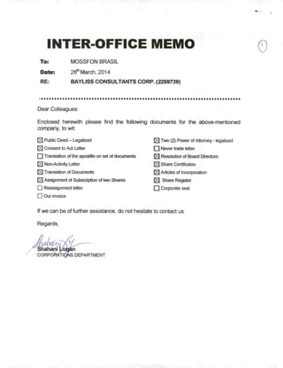 INTER-OFFICE MEMO
To: MOSSFON BRASIL
Date: 28*^March, 2014
RE; BAYLISS CONSULTANTS CORP. (2259739)
Dear Coileagues;
Enclosed herewith please find the foltowing documents for the above-mentioned
company, to wit:
El Public Deed- Legalized
El Consent to Act Letter
O Translation ofthe apostille on set ofdocuments
E Non-Activíty Letter
E Translation of Documents
E Assignment ofSubscription oftwo Shares
• Reassignmentletter
• Our invoice
EU Two (2) Power ofAttomey - legalized
• Nevertradeletter
E Resolutíon ofBoard Directors
El Share Certificates
El ArtidesofIncorporation
E Share Register
O Corporate seal
Ifwe can be of further assistance, do not hesitate to contact us.
Regards,
Shaharii
CORPO DEPARTMENT
0
 