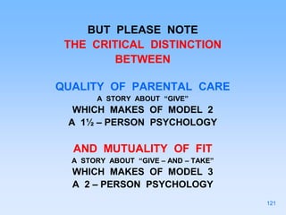 BUT PLEASE NOTE
THE CRITICAL DISTINCTION
BETWEEN
QUALITY OF PARENTAL CARE
A STORY ABOUT “GIVE”
WHICH MAKES OF MODEL 2
A 1½ – PERSON PSYCHOLOGY
AND MUTUALITY OF FIT
A STORY ABOUT “GIVE – AND – TAKE”
WHICH MAKES OF MODEL 3
A 2 – PERSON PSYCHOLOGY
121
 