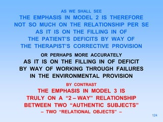 AS WE SHALL SEE
THE EMPHASIS IN MODEL 2 IS THEREFORE
NOT SO MUCH ON THE RELATIONSHIP PER SE
AS IT IS ON THE FILLING IN OF
THE PATIENT’S DEFICITS BY WAY OF
THE THERAPIST’S CORRECTIVE PROVISION
OR PERHAPS MORE ACCURATELY
AS IT IS ON THE FILLING IN OF DEFICIT
BY WAY OF WORKING THROUGH FAILURES
IN THE ENVIRONMENTAL PROVISION
BY CONTRAST
THE EMPHASIS IN MODEL 3 IS
TRULY ON A “2 – WAY” RELATIONSHIP
BETWEEN TWO “AUTHENTIC SUBJECTS”
– TWO “RELATIONAL OBJECTS” –
124
 