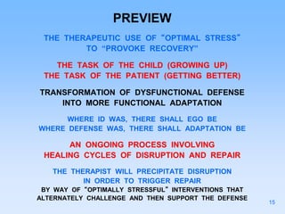 PREVIEW
THE THERAPEUTIC USE OF “OPTIMAL STRESS”
TO “PROVOKE RECOVERY”
THE TASK OF THE CHILD (GROWING UP)
THE TASK OF THE PATIENT (GETTING BETTER)
TRANSFORMATION OF DYSFUNCTIONAL DEFENSE
INTO MORE FUNCTIONAL ADAPTATION
WHERE ID WAS, THERE SHALL EGO BE
WHERE DEFENSE WAS, THERE SHALL ADAPTATION BE
AN ONGOING PROCESS INVOLVING
HEALING CYCLES OF DISRUPTION AND REPAIR
THE THERAPIST WILL PRECIPITATE DISRUPTION
IN ORDER TO TRIGGER REPAIR
BY WAY OF “OPTIMALLY STRESSFUL” INTERVENTIONS THAT
ALTERNATELY CHALLENGE AND THEN SUPPORT THE DEFENSE
15
 