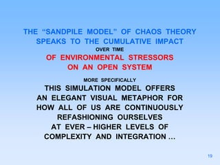 THE “SANDPILE MODEL” OF CHAOS THEORY
SPEAKS TO THE CUMULATIVE IMPACT
OVER TIME
OF ENVIRONMENTAL STRESSORS
ON AN OPEN SYSTEM
MORE SPECIFICALLY
THIS SIMULATION MODEL OFFERS
AN ELEGANT VISUAL METAPHOR FOR
HOW ALL OF US ARE CONTINUOUSLY
REFASHIONING OURSELVES
AT EVER – HIGHER LEVELS OF
COMPLEXITY AND INTEGRATION …
19
 