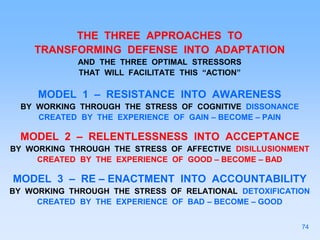 THE THREE APPROACHES TO
TRANSFORMING DEFENSE INTO ADAPTATION
AND THE THREE OPTIMAL STRESSORS
THAT WILL FACILITATE THIS “ACTION”
MODEL 1 – RESISTANCE INTO AWARENESS
BY WORKING THROUGH THE STRESS OF COGNITIVE DISSONANCE
CREATED BY THE EXPERIENCE OF GAIN – BECOME – PAIN
MODEL 2 – RELENTLESSNESS INTO ACCEPTANCE
BY WORKING THROUGH THE STRESS OF AFFECTIVE DISILLUSIONMENT
CREATED BY THE EXPERIENCE OF GOOD – BECOME – BAD
MODEL 3 – RE – ENACTMENT INTO ACCOUNTABILITY
BY WORKING THROUGH THE STRESS OF RELATIONAL DETOXIFICATION
CREATED BY THE EXPERIENCE OF BAD – BECOME – GOOD
74
 