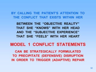 BY CALLING THE PATIENT’S ATTENTION TO
THE CONFLICT THAT EXISTS WITHIN HER
BETWEEN THE “OBJECTIVE REALITY”
THAT SHE “KNOWS” WITH HER HEAD
AND THE “SUBJECTIVE EXPERIENCE”
THAT SHE “FEELS” WITH HER HEART
MODEL 1 CONFLICT STATEMENTS
CAN BE STRATEGICALLY FORMULATED
TO PRECIPITATE (DEFENSIVE) DISRUPTION
IN ORDER TO TRIGGER (ADAPTIVE) REPAIR
92
 