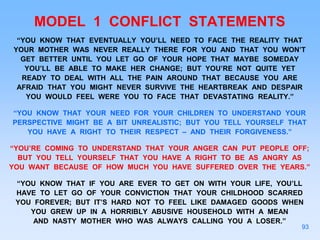 MODEL 1 CONFLICT STATEMENTS
“YOU KNOW THAT EVENTUALLY YOU’LL NEED TO FACE THE REALITY THAT
YOUR MOTHER WAS NEVER REALLY THERE FOR YOU AND THAT YOU WON’T
GET BETTER UNTIL YOU LET GO OF YOUR HOPE THAT MAYBE SOMEDAY
YOU’LL BE ABLE TO MAKE HER CHANGE; BUT YOU’RE NOT QUITE YET
READY TO DEAL WITH ALL THE PAIN AROUND THAT BECAUSE YOU ARE
AFRAID THAT YOU MIGHT NEVER SURVIVE THE HEARTBREAK AND DESPAIR
YOU WOULD FEEL WERE YOU TO FACE THAT DEVASTATING REALITY.”
“YOU KNOW THAT YOUR NEED FOR YOUR CHILDREN TO UNDERSTAND YOUR
PERSPECTIVE MIGHT BE A BIT UNREALISTIC; BUT YOU TELL YOURSELF THAT
YOU HAVE A RIGHT TO THEIR RESPECT – AND THEIR FORGIVENESS.”
“YOU’RE COMING TO UNDERSTAND THAT YOUR ANGER CAN PUT PEOPLE OFF;
BUT YOU TELL YOURSELF THAT YOU HAVE A RIGHT TO BE AS ANGRY AS
YOU WANT BECAUSE OF HOW MUCH YOU HAVE SUFFERED OVER THE YEARS.”
“YOU KNOW THAT IF YOU ARE EVER TO GET ON WITH YOUR LIFE, YOU’LL
HAVE TO LET GO OF YOUR CONVICTION THAT YOUR CHILDHOOD SCARRED
YOU FOREVER; BUT IT’S HARD NOT TO FEEL LIKE DAMAGED GOODS WHEN
YOU GREW UP IN A HORRIBLY ABUSIVE HOUSEHOLD WITH A MEAN
AND NASTY MOTHER WHO WAS ALWAYS CALLING YOU A LOSER.”
93
 