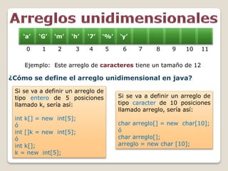 ‘a’
Ejemplo: Este arreglo de caracteres tiene un tamaño de 12
‘G’ ‘m’ ‘h’ ‘7’ ‘%’ ‘y’
0 1 2 3 4 5 6 7 8 9 10 11
¿Cómo se define el arreglo unidimensional en java?
Si se va a definir un arreglo de
tipo entero de 5 posiciones
llamado k, sería así:
int k[] = new int[5];
ó
int []k = new int[5];
ó
int k[];
k = new int[5];
Si se va a definir un arreglo de
tipo caracter de 10 posiciones
llamado arreglo, sería así:
char arreglo[] = new char[10];
ó
char arreglo[];
arreglo = new char [10];
 