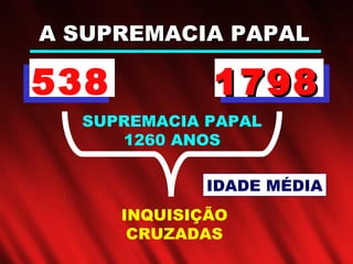 538
SUPREMACIA PAPAL
1260 ANOS
A SUPREMACIA PAPALA SUPREMACIA PAPAL
17981798
INQUISIÇÃO
CRUZADAS
IDADE MÉDIA
 