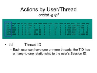 Actions by User/Thread
onstat -g tpf
• tid Thread ID
– Each user can have one or more threads, the TID has
a many-to-one relationship to the user's Session ID
tid lkreqs lkw dl to lgrs isrd iswr isrw isdl isct isrb lx bfr bfw lsus lsmx seq
42 35 0 0 0 408 0 0 0 0 11 0 0 207 128 856 120 0
48 35110 0 0 0 32 0 0 0 0 14 0 0 638 2294 0 208 0
3873 4646 0 0 0 0 1469 89 0 0 0 0 0 6683 1080 0 0 2
3876 498 0 0 0 0 93 25 0 2 0 0 0 535 200 0 0 16
3648 1946 0 0 0 68 6266 42 4 1 5 0 0 4238 495 0 4488 10
 