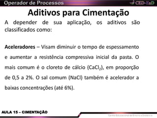 Aditivos para Cimentação
A depender de sua aplicação, os aditivos são
classificados como:
AULA 15 – CIMENTAÇÃO
Aceleradores – Visam diminuir o tempo de espessamento
e aumentar a resistência compressiva inicial da pasta. O
mais comum é o cloreto de cálcio (CaCl2), em proporção
de 0,5 a 2%. O sal comum (NaCl) também é acelerador a
baixas concentrações (até 6%).
 