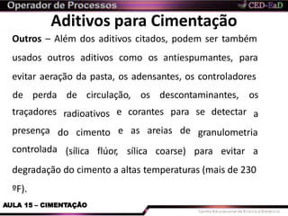 Aditivos para Cimentação
ºF).
AULA 15 – CIMENTAÇÃO
Outros – Além dos aditivos citados, podem ser também
usados outros aditivos como os antiespumantes, para
evitar aeração da pasta, os adensantes, os controladores
radioativos
de perda de circulação, os descontaminantes, os
a
do cimento
e corantes para se detectar
e as areias de granulometria
traçadores
presença
controlada (sílica flúor, sílica coarse) para evitar a
degradação do cimento a altas temperaturas (mais de 230
 