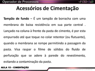 Acessórios de Cimentação
AULA 15 – CIMENTAÇÃO
Tampão de fundo – É um tampão de borracha com uma
membrana de baixa resistência em sua parte central .
Lançado na coluna à frente da pasta de cimento, é por esta
empurrado até que toque no colar retentor (ou flutuante),
quando a membrana se rompe permitindo a passagem da
pasta. Visa raspar o filme de sólidos do fluido de
perfuração que se adere à parede do revestimento,
evitando a contaminação da pasta.
 