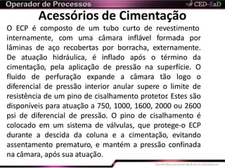 Acessórios de Cimentação
O ECP é composto de um tubo curto de revestimento
internamente, com uma câmara inflável formada por
lâminas de aço recobertas por borracha, externamente.
De atuação hidráulica, é inflado após o término da
cimentação, pela aplicação de pressão na superfície. O
fluido de perfuração expande a câmara tão logo o
diferencial de pressão interior anular supere o limite de
resistência de um pino de cisalhamento protetor. Estes são
disponíveis para atuação a 750, 1000, 1600, 2000 ou 2600
psi de diferencial de pressão. O pino de cisalhamento é
colocado em um sistema de válvulas, que protege-o ECP
durante a descida da coluna e a cimentação, evitando
assentamento prematuro, e mantém a pressão confinada
na câmara, após sua atuação.
 