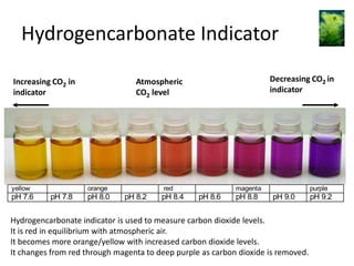 Hydrogencarbonate Indicator
Increasing CO2 in
indicator

yellow

pH 7.6

orange

pH 7.8

Decreasing CO2 in
indicator

Atmospheric
CO2 level

pH 8.0

red

pH 8.2

pH 8.4

magenta

pH 8.6

pH 8.8

purple

pH 9.0

Hydrogencarbonate indicator is used to measure carbon dioxide levels.
It is red in equilibrium with atmospheric air.
It becomes more orange/yellow with increased carbon dioxide levels.
It changes from red through magenta to deep purple as carbon dioxide is removed.

pH 9.2

 