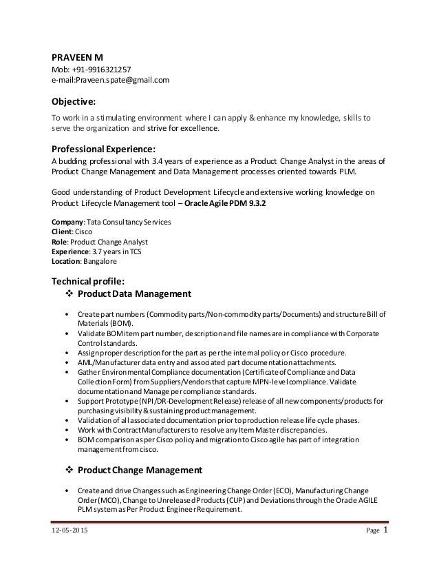 product data management, engineering change management resume in Shirley, MA - March agile plm resume