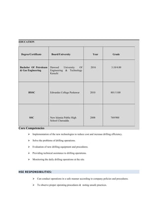 EDUCATION
Core Competencies
 Implementation of the new technologies to reduce cost and increase drilling efficiency.
 Solve the problems of drilling operations.
 Evaluation of new drilling equipment and procedures.
 Providing technical assistance to drilling operations.
 Monitoring the daily drilling operations at the site.
HSE RESPONSIBILITIES:
 Can conduct operations in a safe manner according to company policies and procedures.
 To observe proper operating procedures & noting unsafe practices.
Degree/Certificate Board/University Year Grade
Bachelor Of Petroleum
& Gas Engineering
Dawood University Of
Engineering & Technology
Karachi
2016 3.10/4.00
HSSC Edwardes College Peshawar 2010 801/1100
SSC New Islamia Public High
School Charsadda
2008 769/900
 