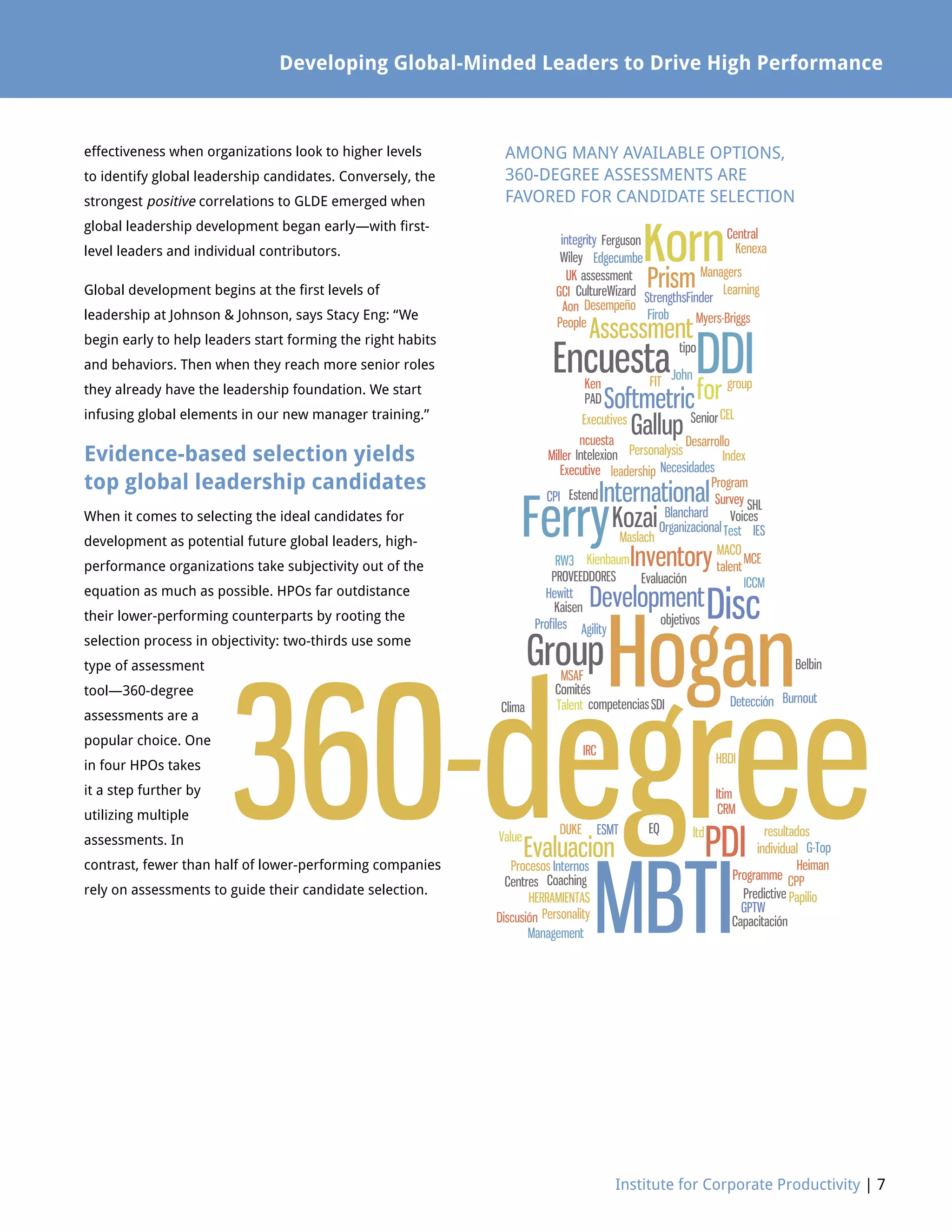 Institute for Corporate Productivity | 7
Developing Global-Minded Leaders to Drive High Performance
AMONG MANY AVAILABLE OPTIONS,
360-DEGREE ASSESSMENTS ARE
FAVORED FOR CANDIDATE SELECTION
effectiveness when organizations look to higher levels
to identify global leadership candidates. Conversely, the
strongest positive correlations to GLDE emerged when
global leadership development began early—with first-
level leaders and individual contributors.
Global development begins at the first levels of
leadership at Johnson  Johnson, says Stacy Eng: “We
begin early to help leaders start forming the right habits
and behaviors. Then when they reach more senior roles
they already have the leadership foundation. We start
infusing global elements in our new manager training.”
Evidence-based selection yields
top global leadership candidates
When it comes to selecting the ideal candidates for
development as potential future global leaders, high-
performance organizations take subjectivity out of the
equation as much as possible. HPOs far outdistance
their lower-performing counterparts by rooting the
selection process in objectivity: two-thirds use some
type of assessment
tool—360-degree
assessments are a
popular choice. One
in four HPOs takes
it a step further by
utilizing multiple
assessments. In
contrast, fewer than half of lower-performing companies
rely on assessments to guide their candidate selection.
 