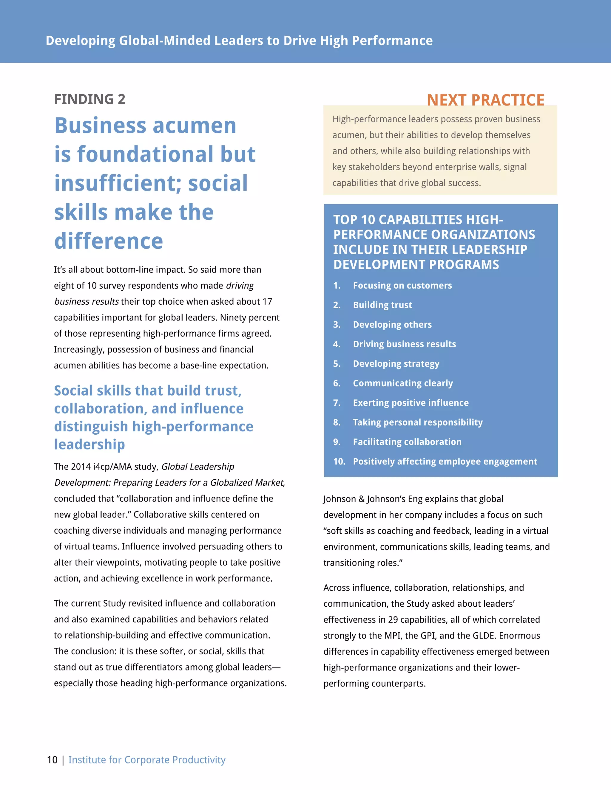 10 | Institute for Corporate Productivity
Developing Global-Minded Leaders to Drive High Performance
FINDING 2
Business acumen
is foundational but
insufficient; social
skills make the
difference
It’s all about bottom-line impact. So said more than
eight of 10 survey respondents who made driving
business results their top choice when asked about 17
capabilities important for global leaders. Ninety percent
of those representing high-performance firms agreed.
Increasingly, possession of business and financial
acumen abilities has become a base-line expectation.
Social skills that build trust,
collaboration, and influence
distinguish high-performance
leadership
The 2014 i4cp/AMA study, Global Leadership
Development: Preparing Leaders for a Globalized Market,
concluded that “collaboration and influence define the
new global leader.” Collaborative skills centered on
coaching diverse individuals and managing performance
of virtual teams. Influence involved persuading others to
alter their viewpoints, motivating people to take positive
action, and achieving excellence in work performance.
The current Study revisited influence and collaboration
and also examined capabilities and behaviors related
to relationship-building and effective communication.
The conclusion: it is these softer, or social, skills that
stand out as true differentiators among global leaders—
especially those heading high-performance organizations.
Johnson  Johnson’s Eng explains that global
development in her company includes a focus on such
“soft skills as coaching and feedback, leading in a virtual
environment, communications skills, leading teams, and
transitioning roles.”
Across influence, collaboration, relationships, and
communication, the Study asked about leaders’
effectiveness in 29 capabilities, all of which correlated
strongly to the MPI, the GPI, and the GLDE. Enormous
differences in capability effectiveness emerged between
high-performance organizations and their lower-
performing counterparts.
High-performance leaders possess proven business
acumen, but their abilities to develop themselves
and others, while also building relationships with
key stakeholders beyond enterprise walls, signal
capabilities that drive global success.
NEXT PRACTICE
TOP 10 CAPABILITIES HIGH-
PERFORMANCE ORGANIZATIONS
INCLUDE IN THEIR LEADERSHIP
DEVELOPMENT PROGRAMS
1.	 Focusing on customers
2.	 Building trust
3.	 Developing others
4.	 Driving business results
5.	 Developing strategy
6.	 Communicating clearly
7.	 Exerting positive influence
8.	 Taking personal responsibility
9.	 Facilitating collaboration
10.	 Positively affecting employee engagement
 