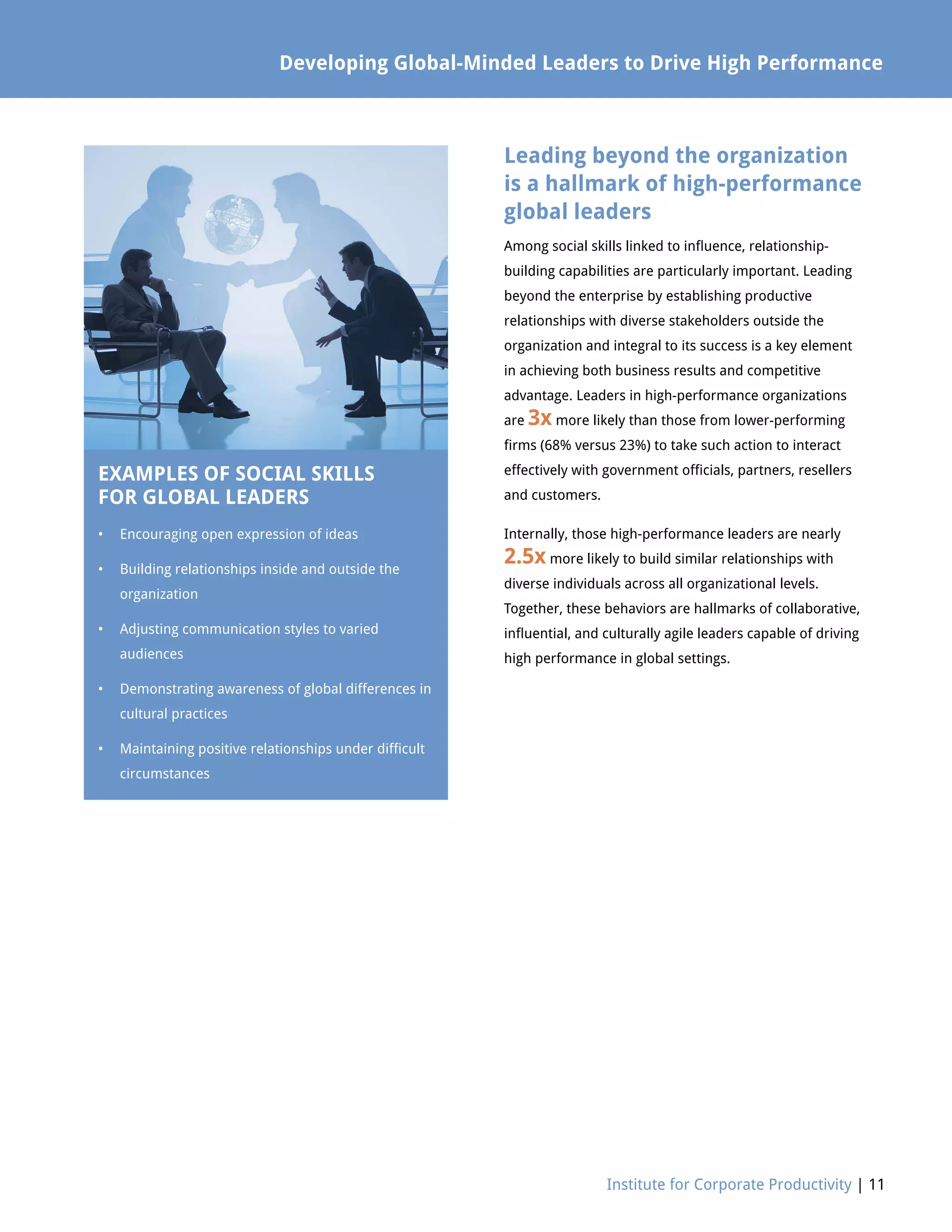 Institute for Corporate Productivity | 11
Developing Global-Minded Leaders to Drive High Performance
Leading beyond the organization
is a hallmark of high-performance
global leaders
Among social skills linked to influence, relationship-
building capabilities are particularly important. Leading
beyond the enterprise by establishing productive
relationships with diverse stakeholders outside the
organization and integral to its success is a key element
in achieving both business results and competitive
advantage. Leaders in high-performance organizations
are 3x more likely than those from lower-performing
firms (68% versus 23%) to take such action to interact
effectively with government officials, partners, resellers
and customers.
Internally, those high-performance leaders are nearly
2.5x more likely to build similar relationships with
diverse individuals across all organizational levels.
Together, these behaviors are hallmarks of collaborative,
influential, and culturally agile leaders capable of driving
high performance in global settings.
EXAMPLES OF SOCIAL SKILLS
FOR GLOBAL LEADERS
•	 Encouraging open expression of ideas
•	Building relationships inside and outside the
organization
•	Adjusting communication styles to varied
audiences
•	Demonstrating awareness of global differences in
cultural practices
•	Maintaining positive relationships under difficult
circumstances
 