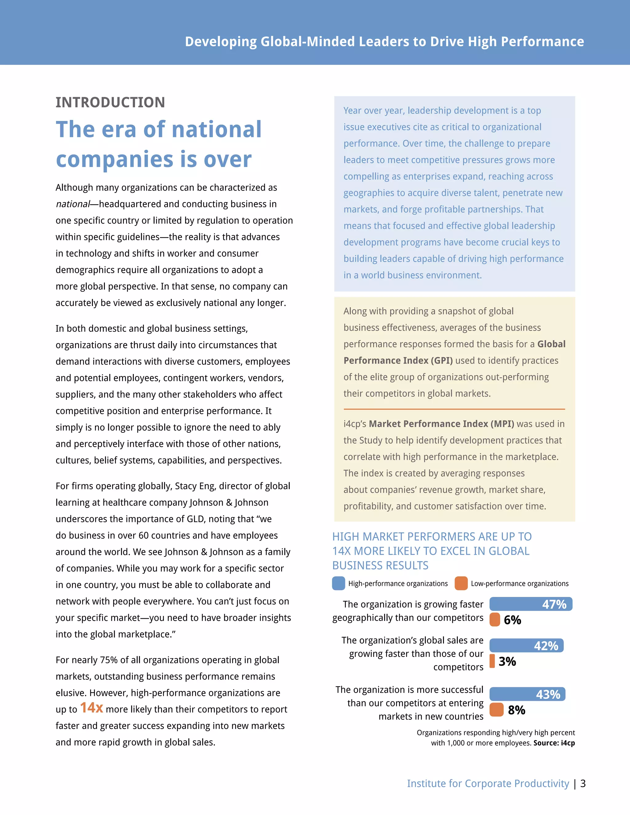 Institute for Corporate Productivity | 3
Developing Global-Minded Leaders to Drive High Performance
INTRODUCTION
The era of national
companies is over
Although many organizations can be characterized as
national—headquartered and conducting business in
one specific country or limited by regulation to operation
within specific guidelines—the reality is that advances
in technology and shifts in worker and consumer
demographics require all organizations to adopt a
more global perspective. In that sense, no company can
accurately be viewed as exclusively national any longer.
In both domestic and global business settings,
organizations are thrust daily into circumstances that
demand interactions with diverse customers, employees
and potential employees, contingent workers, vendors,
suppliers, and the many other stakeholders who affect
competitive position and enterprise performance. It
simply is no longer possible to ignore the need to ably
and perceptively interface with those of other nations,
cultures, belief systems, capabilities, and perspectives.
For firms operating globally, Stacy Eng, director of global
learning at healthcare company Johnson  Johnson
underscores the importance of GLD, noting that “we
do business in over 60 countries and have employees
around the world. We see Johnson  Johnson as a family
of companies. While you may work for a specific sector
in one country, you must be able to collaborate and
network with people everywhere. You can’t just focus on
your specific market—you need to have broader insights
into the global marketplace.”
For nearly 75% of all organizations operating in global
markets, outstanding business performance remains
elusive. However, high-performance organizations are
up to 14x more likely than their competitors to report
faster and greater success expanding into new markets
and more rapid growth in global sales.
Year over year, leadership development is a top
issue executives cite as critical to organizational
performance. Over time, the challenge to prepare
leaders to meet competitive pressures grows more
compelling as enterprises expand, reaching across
geographies to acquire diverse talent, penetrate new
markets, and forge profitable partnerships. That
means that focused and effective global leadership
development programs have become crucial keys to
building leaders capable of driving high performance
in a world business environment.
Along with providing a snapshot of global
business effectiveness, averages of the business
performance responses formed the basis for a Global
Performance Index (GPI) used to identify practices
of the elite group of organizations out-performing
their competitors in global markets.
i4cp’s Market Performance Index (MPI) was used in
the Study to help identify development practices that
correlate with high performance in the marketplace.
The index is created by averaging responses
about companies’ revenue growth, market share,
profitability, and customer satisfaction over time.
The organization is growing faster
geographically than our competitors
The organization’s global sales are
growing faster than those of our
competitors
The organization is more successful
than our competitors at entering
markets in new countries
Organizations responding high/very high percent
with 1,000 or more employees. Source: i4cp
HIGH MARKET PERFORMERS ARE UP TO
14X MORE LIKELY TO EXCEL IN GLOBAL
BUSINESS RESULTS
47%
42%
43%
6%
3%
8%
High-performance organizations Low-performance organizations
 