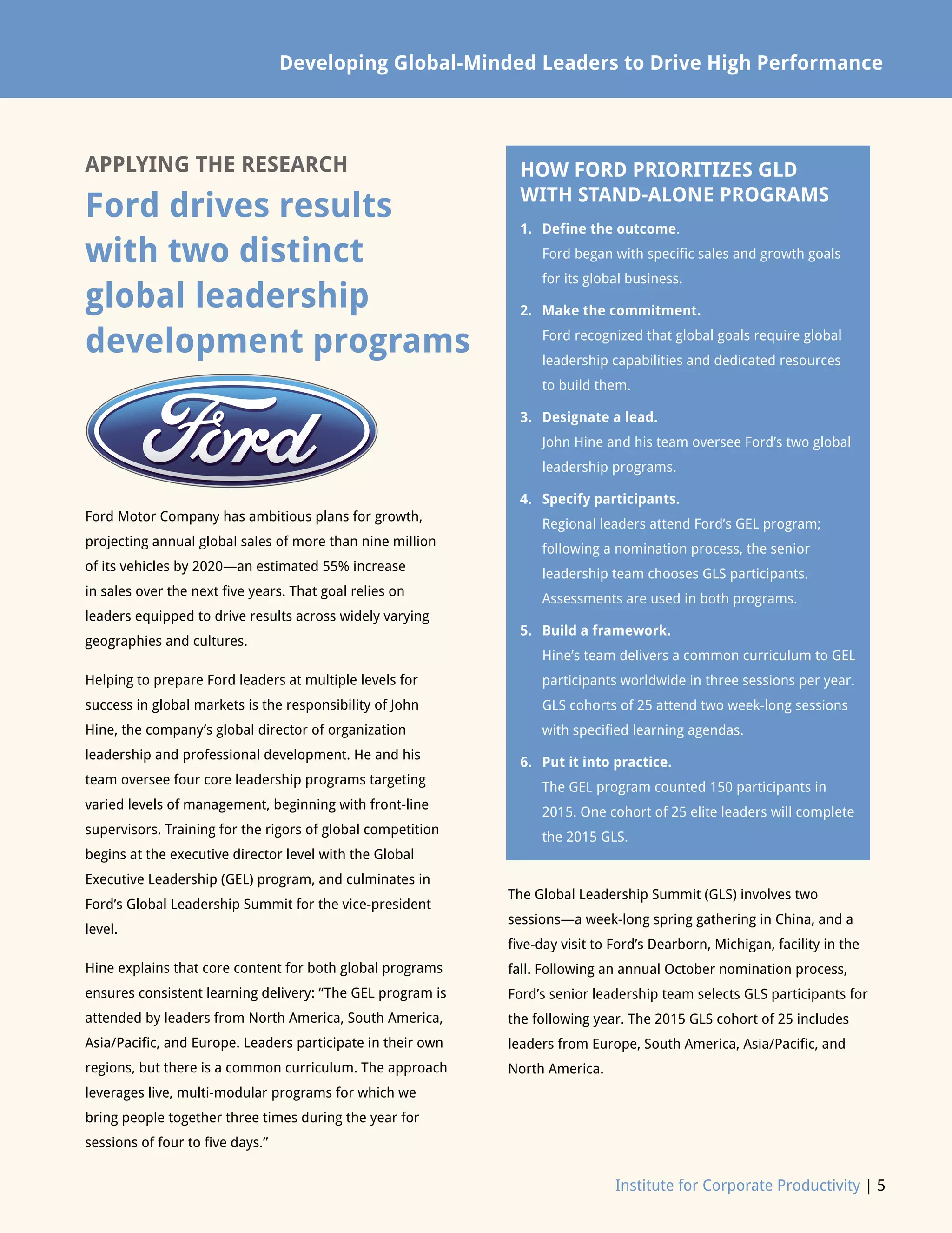 Institute for Corporate Productivity | 5
Developing Global-Minded Leaders to Drive High Performance
APPLYING THE RESEARCH
Ford drives results
with two distinct
global leadership
development programs
Ford Motor Company has ambitious plans for growth,
projecting annual global sales of more than nine million
of its vehicles by 2020—an estimated 55% increase
in sales over the next five years. That goal relies on
leaders equipped to drive results across widely varying
geographies and cultures.
Helping to prepare Ford leaders at multiple levels for
success in global markets is the responsibility of John
Hine, the company’s global director of organization
leadership and professional development. He and his
team oversee four core leadership programs targeting
varied levels of management, beginning with front-line
supervisors. Training for the rigors of global competition
begins at the executive director level with the Global
Executive Leadership (GEL) program, and culminates in
Ford’s Global Leadership Summit for the vice-president
level.
Hine explains that core content for both global programs
ensures consistent learning delivery: “The GEL program is
attended by leaders from North America, South America,
Asia/Pacific, and Europe. Leaders participate in their own
regions, but there is a common curriculum. The approach
leverages live, multi-modular programs for which we
bring people together three times during the year for
sessions of four to five days.”
The Global Leadership Summit (GLS) involves two
sessions—a week-long spring gathering in China, and a
five-day visit to Ford’s Dearborn, Michigan, facility in the
fall. Following an annual October nomination process,
Ford’s senior leadership team selects GLS participants for
the following year. The 2015 GLS cohort of 25 includes
leaders from Europe, South America, Asia/Pacific, and
North America.
HOW FORD PRIORITIZES GLD
WITH STAND-ALONE PROGRAMS
1.	Define the outcome.
Ford began with specific sales and growth goals
for its global business.
2.	Make the commitment.
Ford recognized that global goals require global
leadership capabilities and dedicated resources
to build them.
3.	Designate a lead.
John Hine and his team oversee Ford’s two global
leadership programs.
4.	Specify participants.
Regional leaders attend Ford’s GEL program;
following a nomination process, the senior
leadership team chooses GLS participants.
Assessments are used in both programs.
5.	Build a framework.
Hine’s team delivers a common curriculum to GEL
participants worldwide in three sessions per year.
GLS cohorts of 25 attend two week-long sessions
with specified learning agendas.
6.	Put it into practice.
The GEL program counted 150 participants in
2015. One cohort of 25 elite leaders will complete
the 2015 GLS.
 