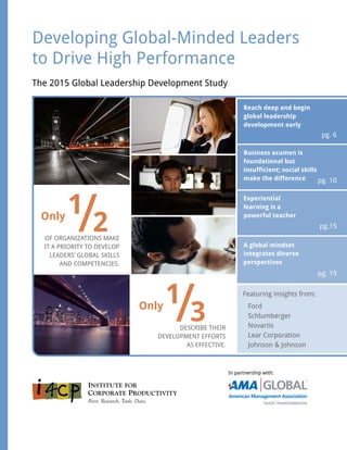 Developing Global-Minded Leaders
to Drive High Performance
The 2015 Global Leadership Development Study
Peers. Research. Tools. Data.
Reach deep and begin
global leadership
development early
pg. 6
Business acumen is
foundational but
insufficient; social skills
make the difference pg. 10
Experiential
learning is a
powerful teacher
pg.15
A global mindset
integrates diverse
perspectives
pg. 19
Featuring insights from:
Ford
Schlumberger
Novartis
Lear Corporation
Johnson & Johnson
In partnership with:
Only
1
/2OF ORGANIZATIONS MAKE
IT A PRIORITY TO DEVELOP
LEADERS’ GLOBAL SKILLS
AND COMPETENCIES.
Only
1
/3DESCRIBE THEIR
DEVELOPMENT EFFORTS
AS EFFECTIVE.
American Management Association
 