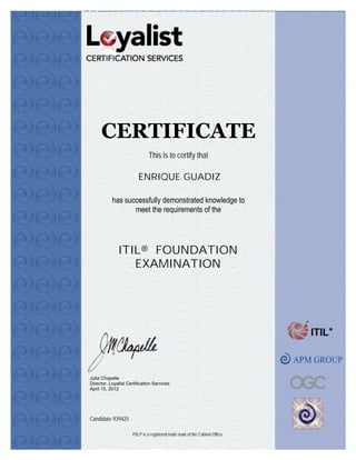 ENRIQUE GUADIZ
This is to certify that
Candidate 939425
ITIL® is a registered trade mark of the Cabinet Office.
ITIL® FOUNDATION
EXAMINATION
CERTIFICATE
 