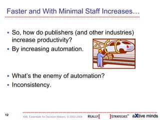 Faster and With Minimal Staff Increases…

     So, how do publishers (and other industries)
     increase productivity?
     By increasing automation.



     What’s the enemy of automation?
     Inconsistency.



12
        XML Essentials for Decision Makers, © 2002-2004
 