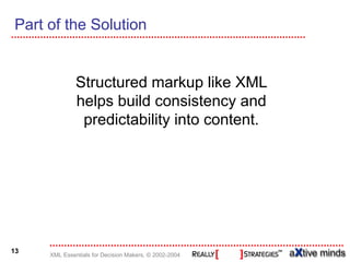 Part of the Solution


              Structured markup like XML
              helps build consistency and
               predictability into content.




13
     XML Essentials for Decision Makers, © 2002-2004
 