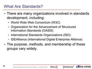 What Are Standards?
     There are many organizations involved in standards
     development, including:
       World Wide Web Consortium (W3C)
       Organization for the Advancement of Structured
       Information Standards (OASIS)
       International Standards Organizations (ISO)
       IDEAlliance (International Digital Enterprise Alliance)
     The purpose, methods, and membership of these
     groups vary widely.



19
        XML Essentials for Decision Makers, © 2002-2004
 