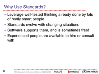 Why Use Standards?
     Leverage well-tested thinking already done by lots
     of really smart people
     Standards evolve with changing situations
     Software supports them, and is sometimes free!
     Experienced people are available to hire or consult
     with




23
        XML Essentials for Decision Makers, © 2002-2004
 