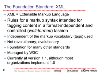 The Foundation Standard: XML
     XML = Extensible Markup Language
     Rules for a markup syntax intended for
     tagging content in a format-independent and
     controlled (well-formed) fashion
     Independent of the markup vocabulary (tags) used
     Not revolutionary, evolutionary
     Foundation for many other standards
     Managed by W3C
     Currently at version 1.1, although most
     organizations implement 1.0
24
        XML Essentials for Decision Makers, © 2002-2004
 